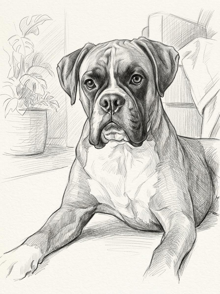 Dezelfde foto van een boxer in de stijl Potloodschets