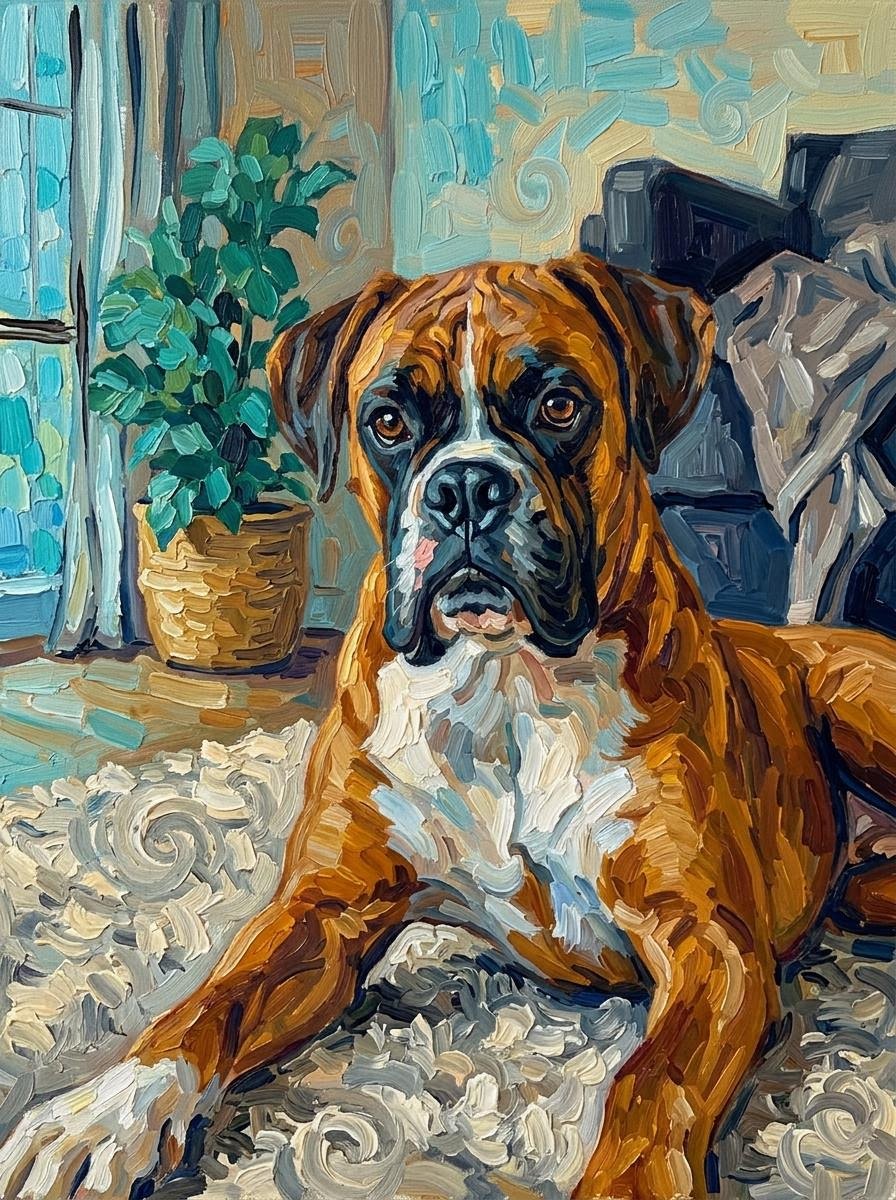 Dezelfde foto van een boxer in de stijl Van Gogh