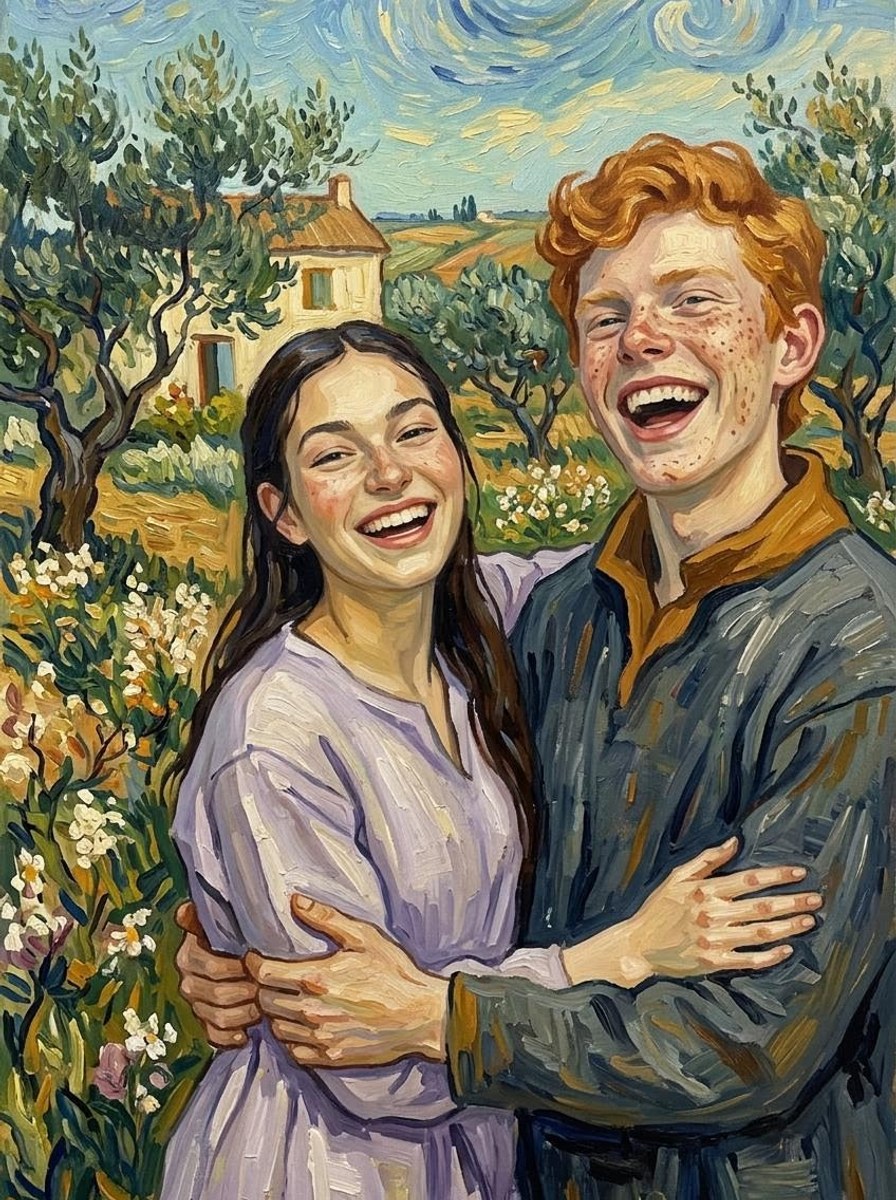 Twee lachende tieners als Van Gogh-schilderij, boven een ronde eettafel