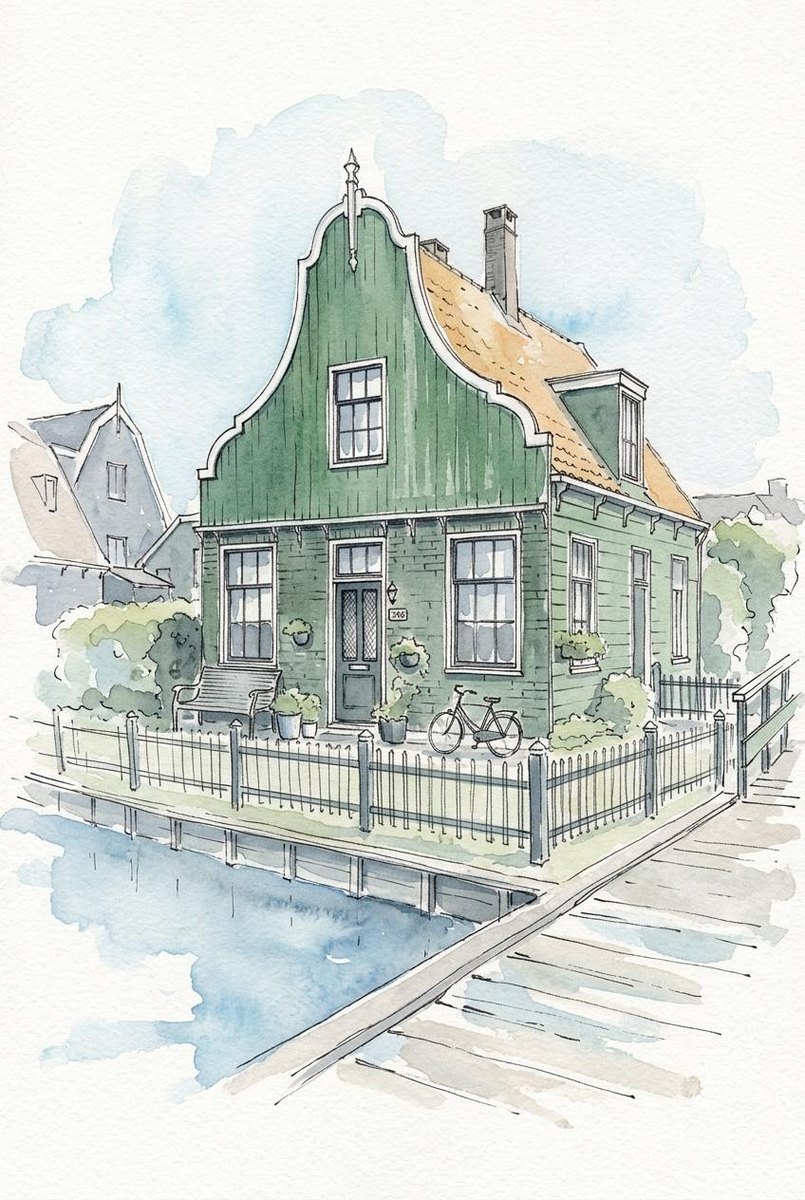 Zaans huisje als waterverf-kunstwerk, in een gang boven een wandtafel