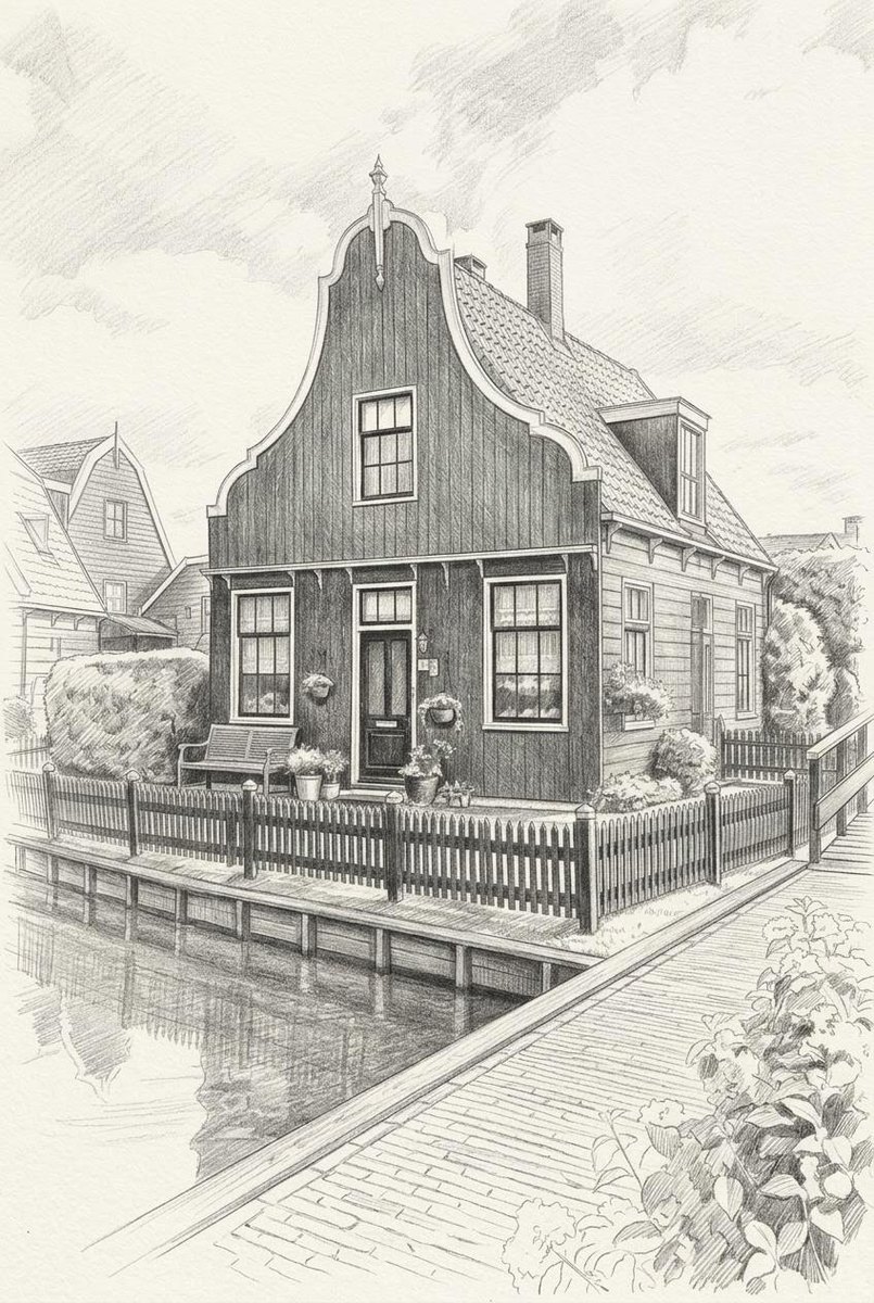 Het Zaanse huisje in de stijl Potloodschets