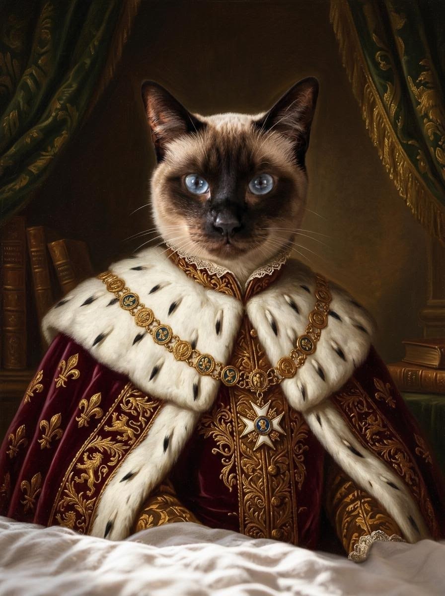 Siamese kat als vorstelijk kostuumportret, naast een papieren vloerlamp